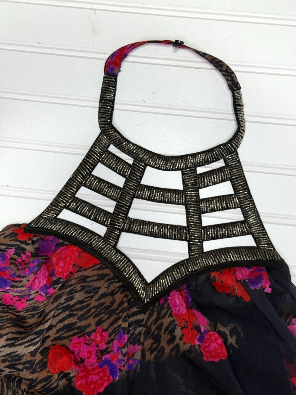 Venus Backless Halter Jumpsuit Floral Leopard Print Beaded Neck Size M - Picture 6 of 10